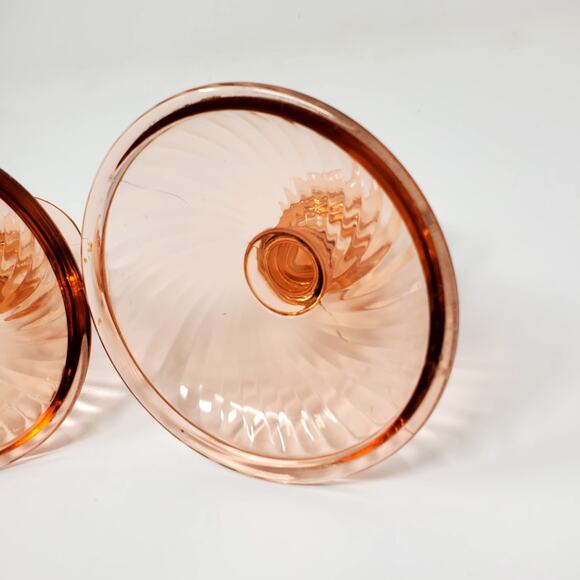 Vtg Pink Heavy Depression Glass Candlestick Holder Swirl Pattern Set of 2 - Picture 5 of 7